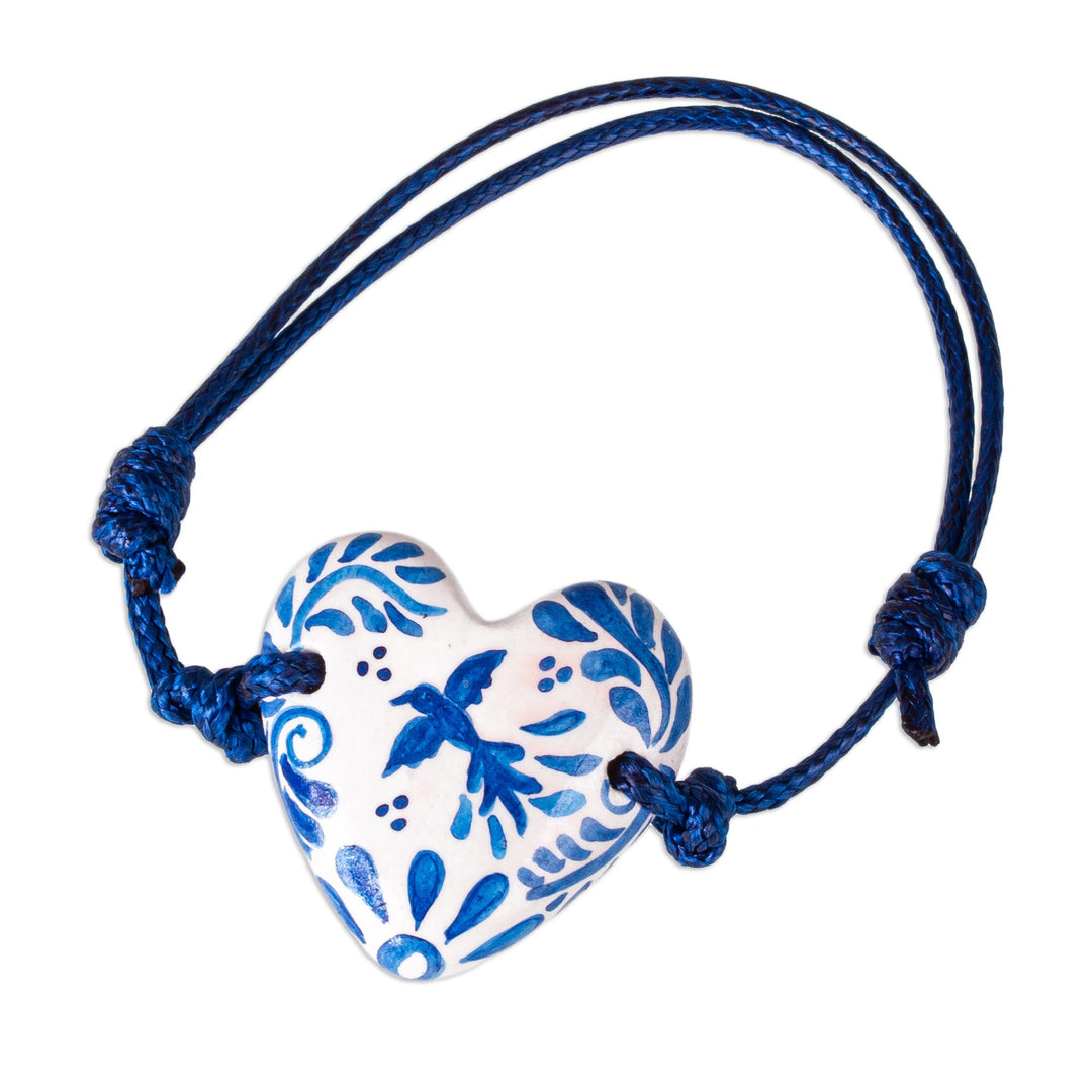 Talavera Style Blue & White Bird Papier Mache Heart Bracelet - Blue Talavera