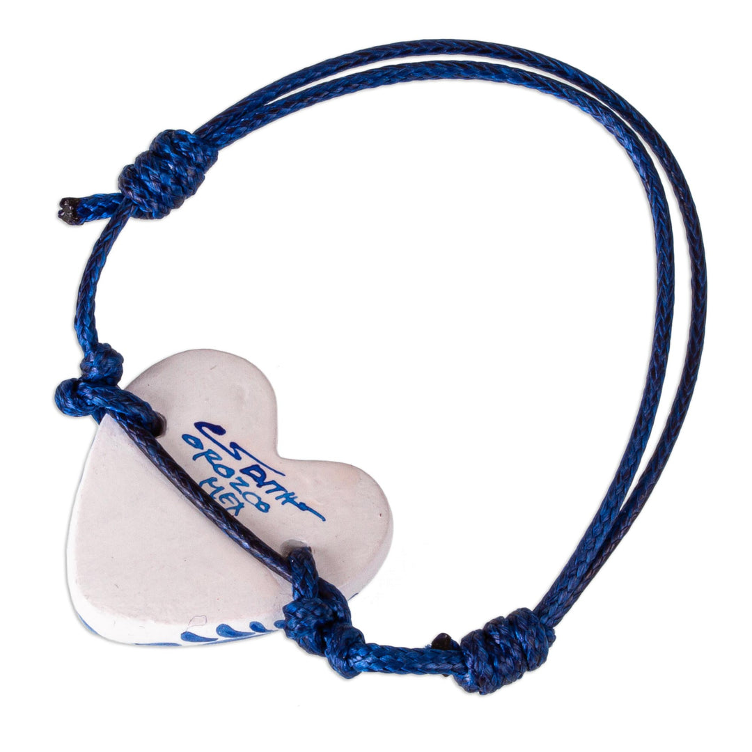Talavera Style Blue & White Bird Papier Mache Heart Bracelet - Blue Talavera