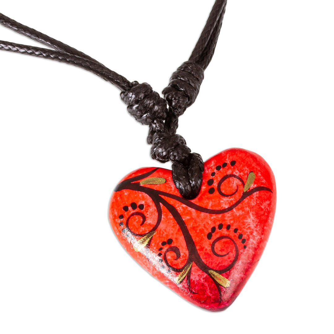 Artisan Handcrafted Red Papier Mache Heart Necklace - Heart Filled with Passion