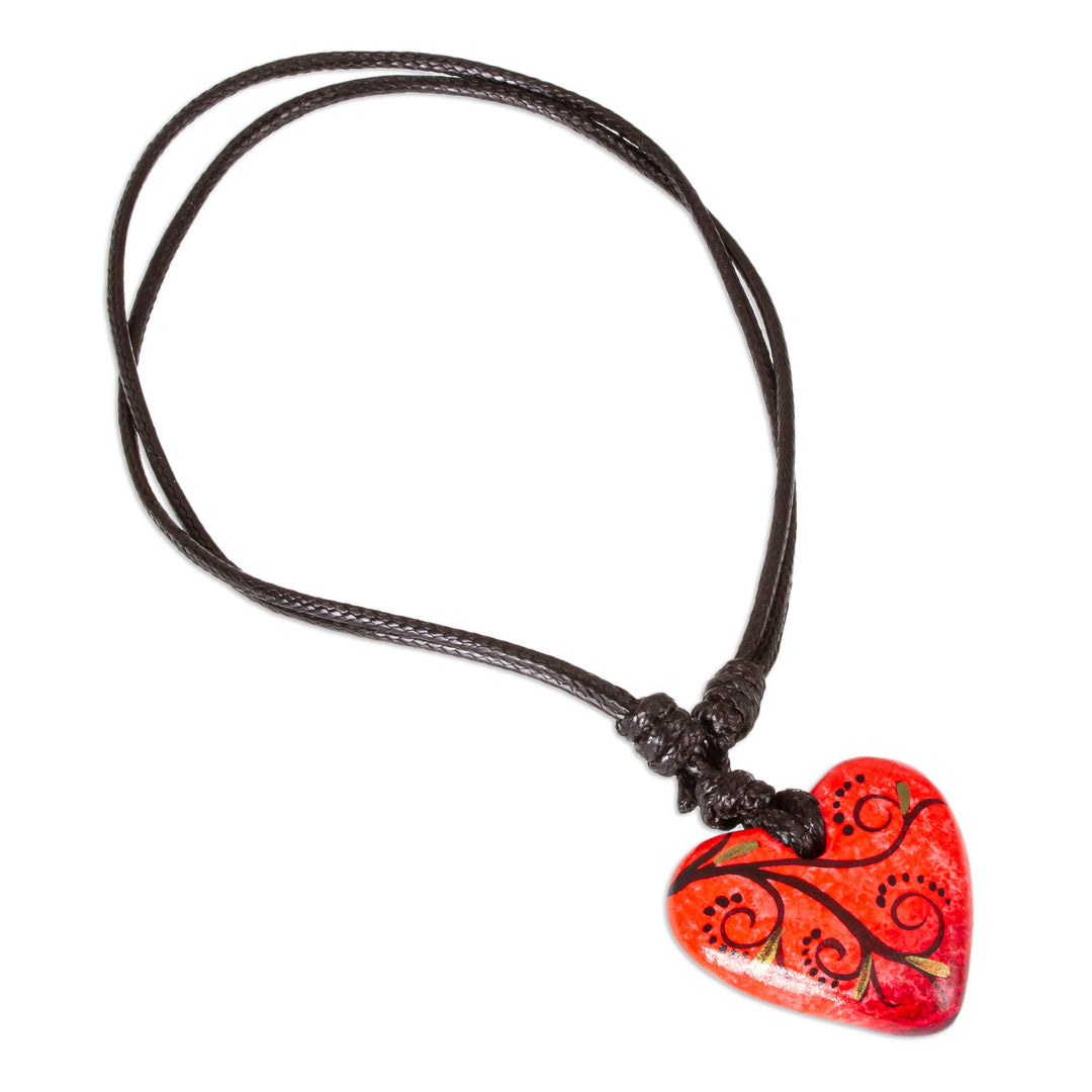 Artisan Handcrafted Red Papier Mache Heart Necklace - Heart Filled with Passion