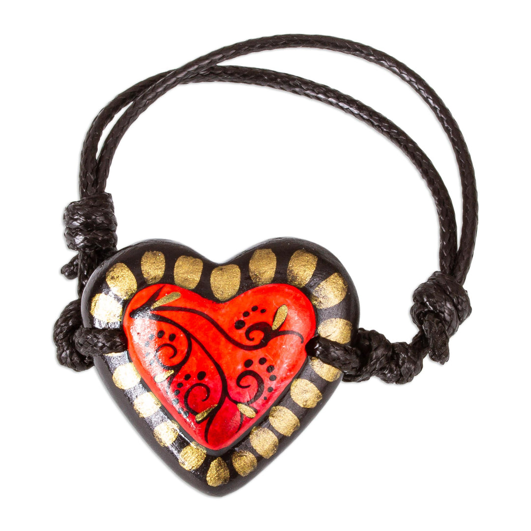 Papier Mache Adjustable Red Heart Golden Trim Bracelet - Gold Kissed Heart