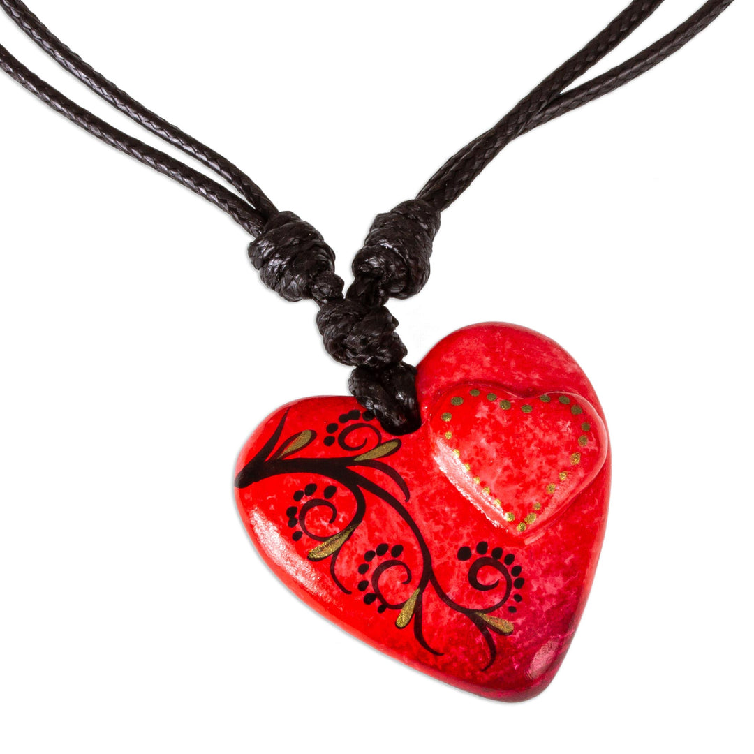 Papier Mache Golden Accent Hand Painted Red Heart Necklace - My Heart in Yours
