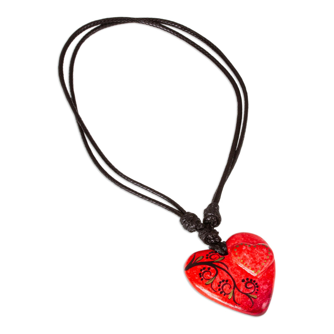 Papier Mache Golden Accent Hand Painted Red Heart Necklace - My Heart in Yours
