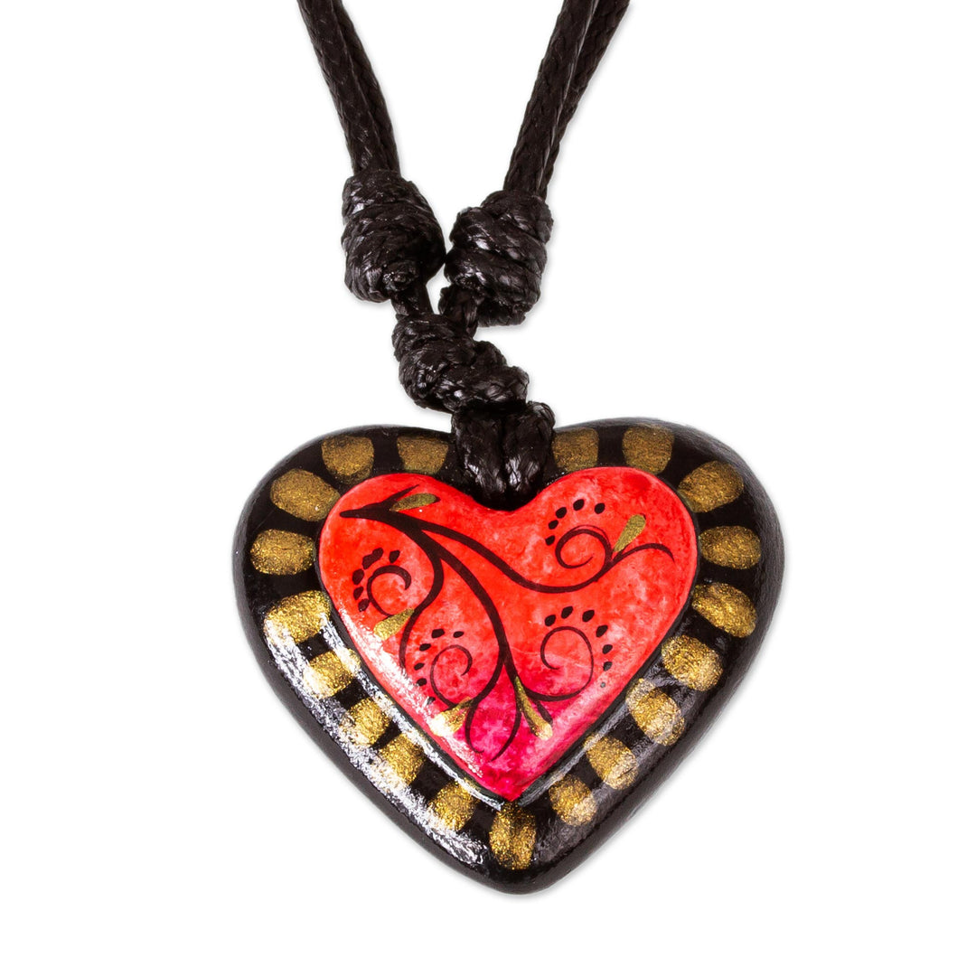 Papier Mache Adjustable Red Heart Golden Trim Necklace - Gold Kissed Heart