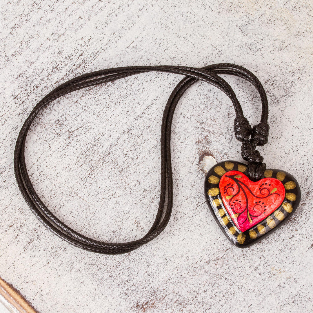 Papier Mache Adjustable Red Heart Golden Trim Necklace - Gold Kissed Heart