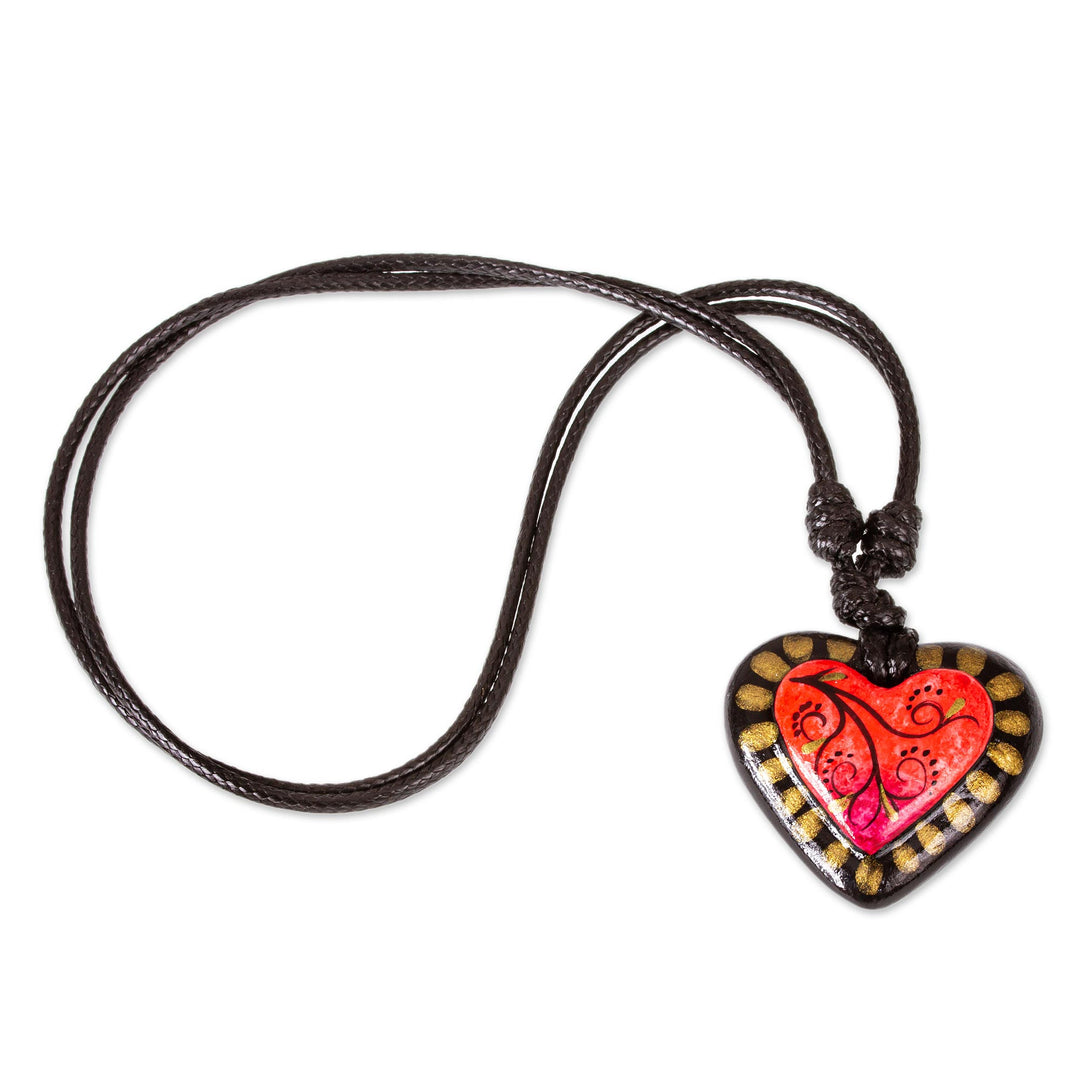Papier Mache Adjustable Red Heart Golden Trim Necklace - Gold Kissed Heart