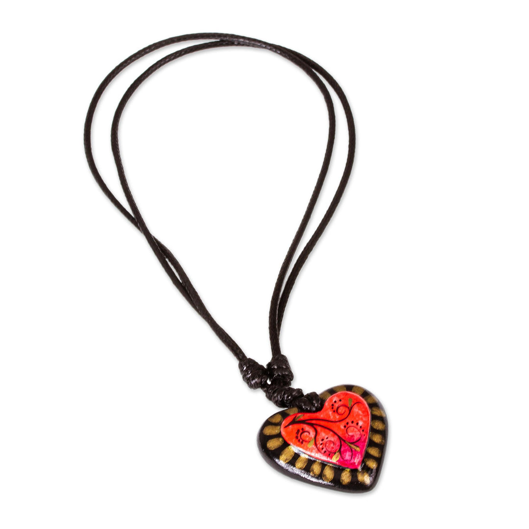 Papier Mache Adjustable Red Heart Golden Trim Necklace - Gold Kissed Heart