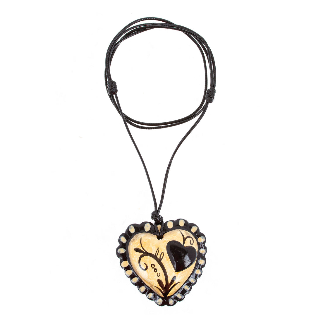Hand Painted Black & Beige Papier Mache Heart Necklace - Two Loving Hearts