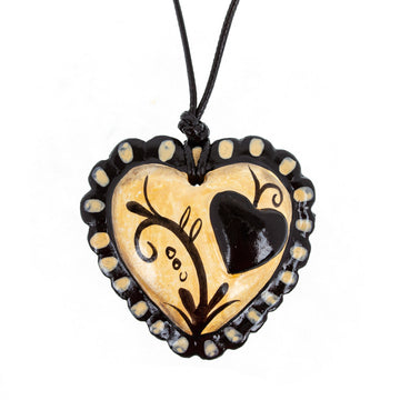 Hand Painted Black & Beige Papier Mache Heart Necklace - Two Loving Hearts
