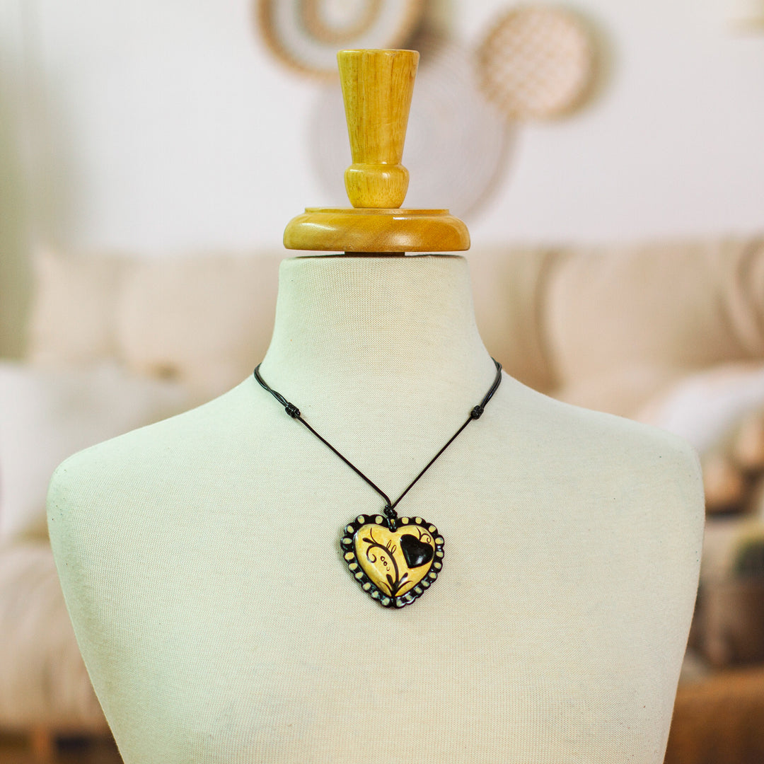 Hand Painted Black & Beige Papier Mache Heart Necklace - Two Loving Hearts