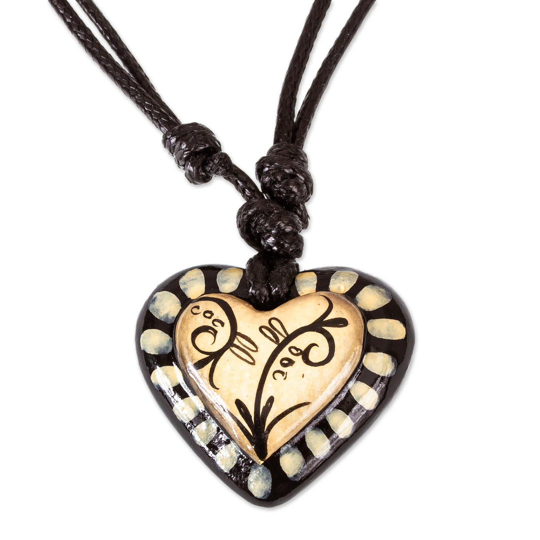 Black & Beige Hand Painted Papier Mache Heart Necklace - Ruffled Valentine