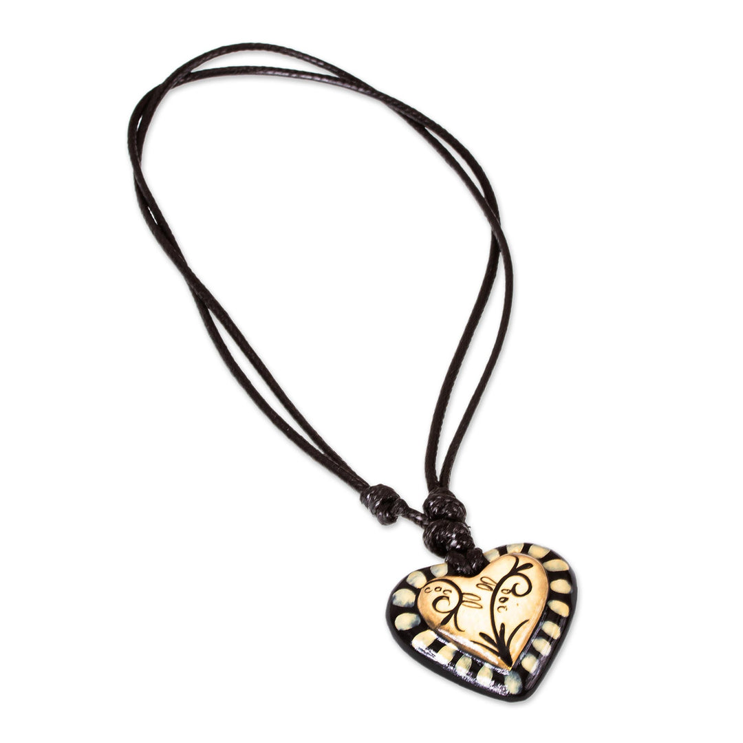 Black & Beige Hand Painted Papier Mache Heart Necklace - Ruffled Valentine