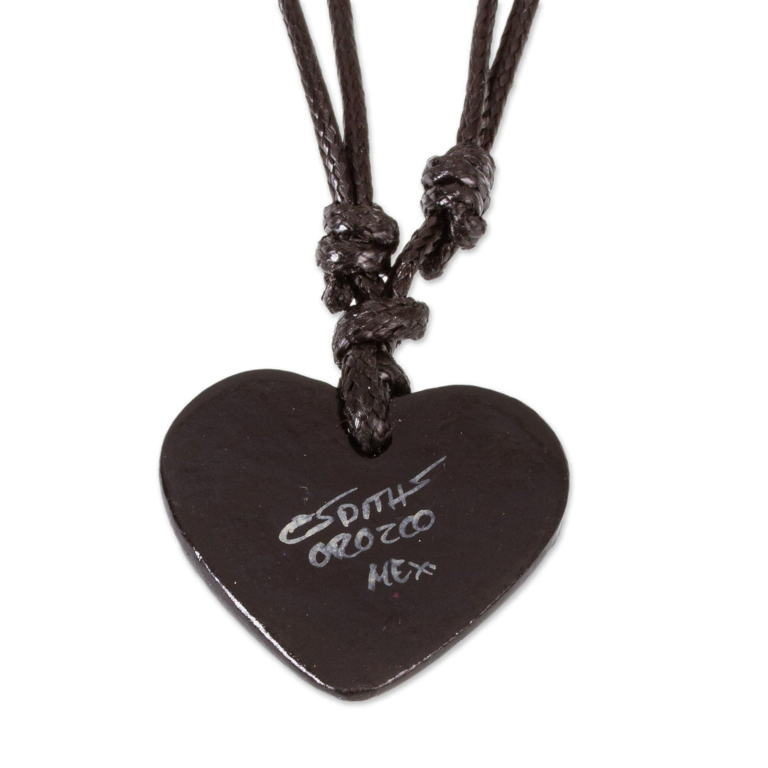 Black & Beige Hand Painted Papier Mache Heart Necklace - Ruffled Valentine