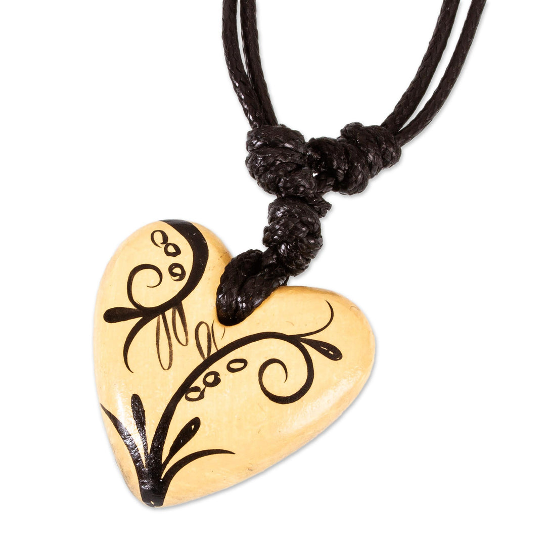 Handmade Beige Hand Painted Heart Necklace in Papier Mache - Reaching Heart