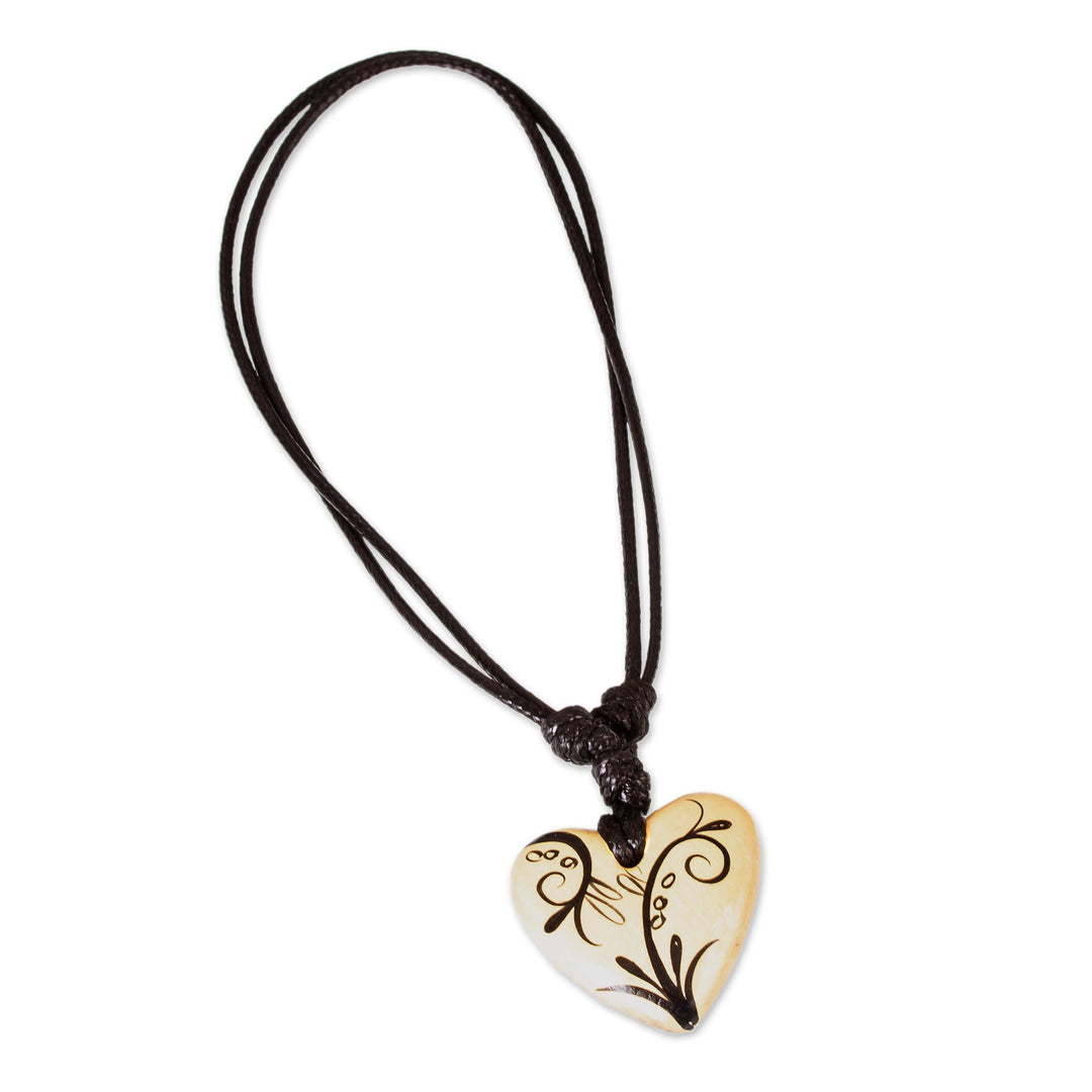 Handmade Beige Hand Painted Heart Necklace in Papier Mache - Reaching Heart