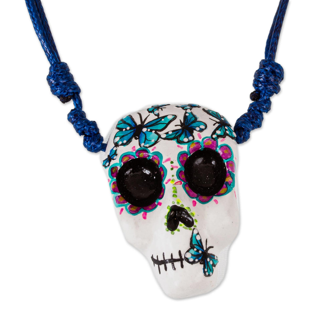 Hand Painted Skull Necklace with Butterflies - Blue Butterfly Calavera