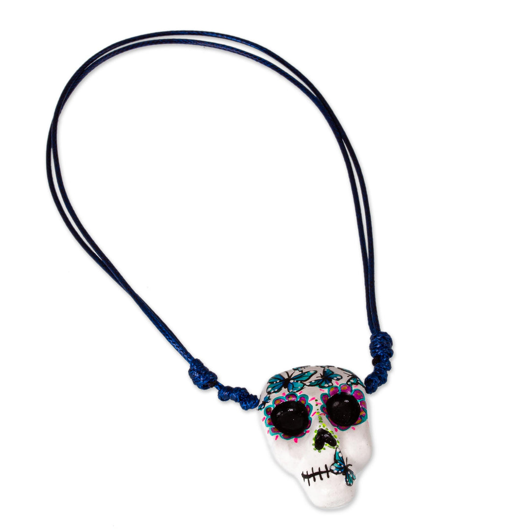 Hand Painted Skull Necklace with Butterflies - Blue Butterfly Calavera