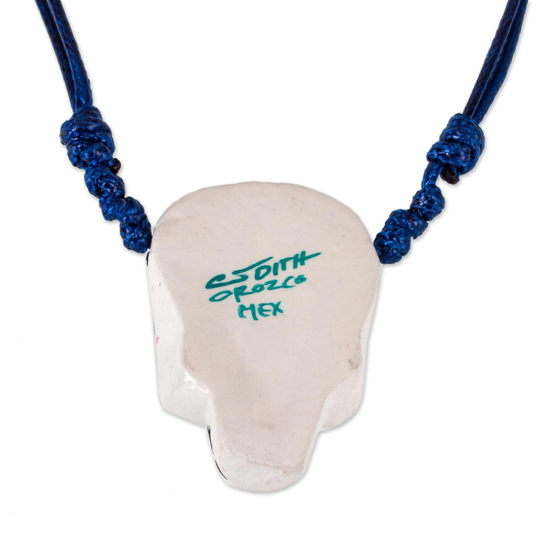 Hand Painted Skull Necklace with Butterflies - Blue Butterfly Calavera