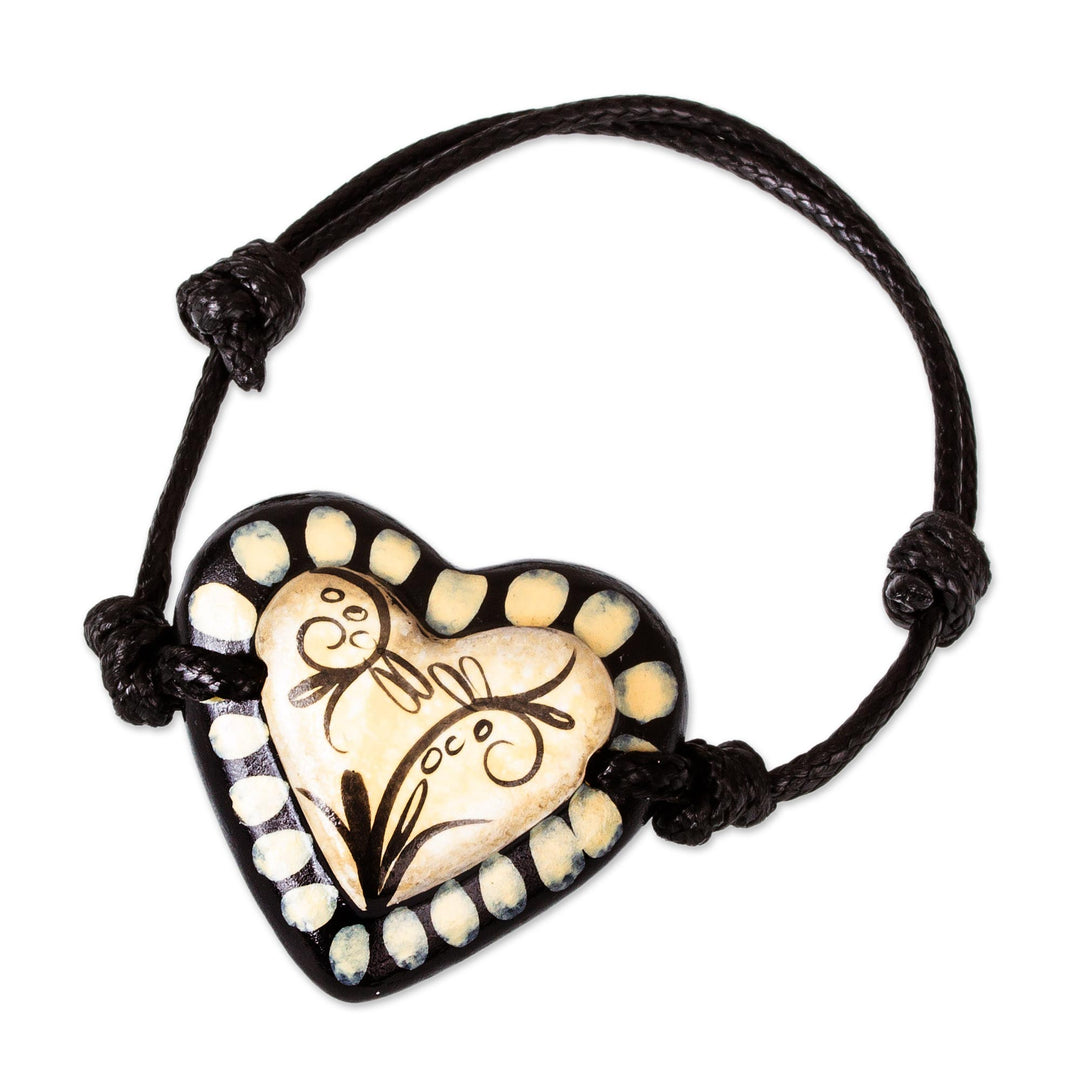 Black & Beige Hand Painted Papier Mache Heart Bracelet - Ruffled Valentine