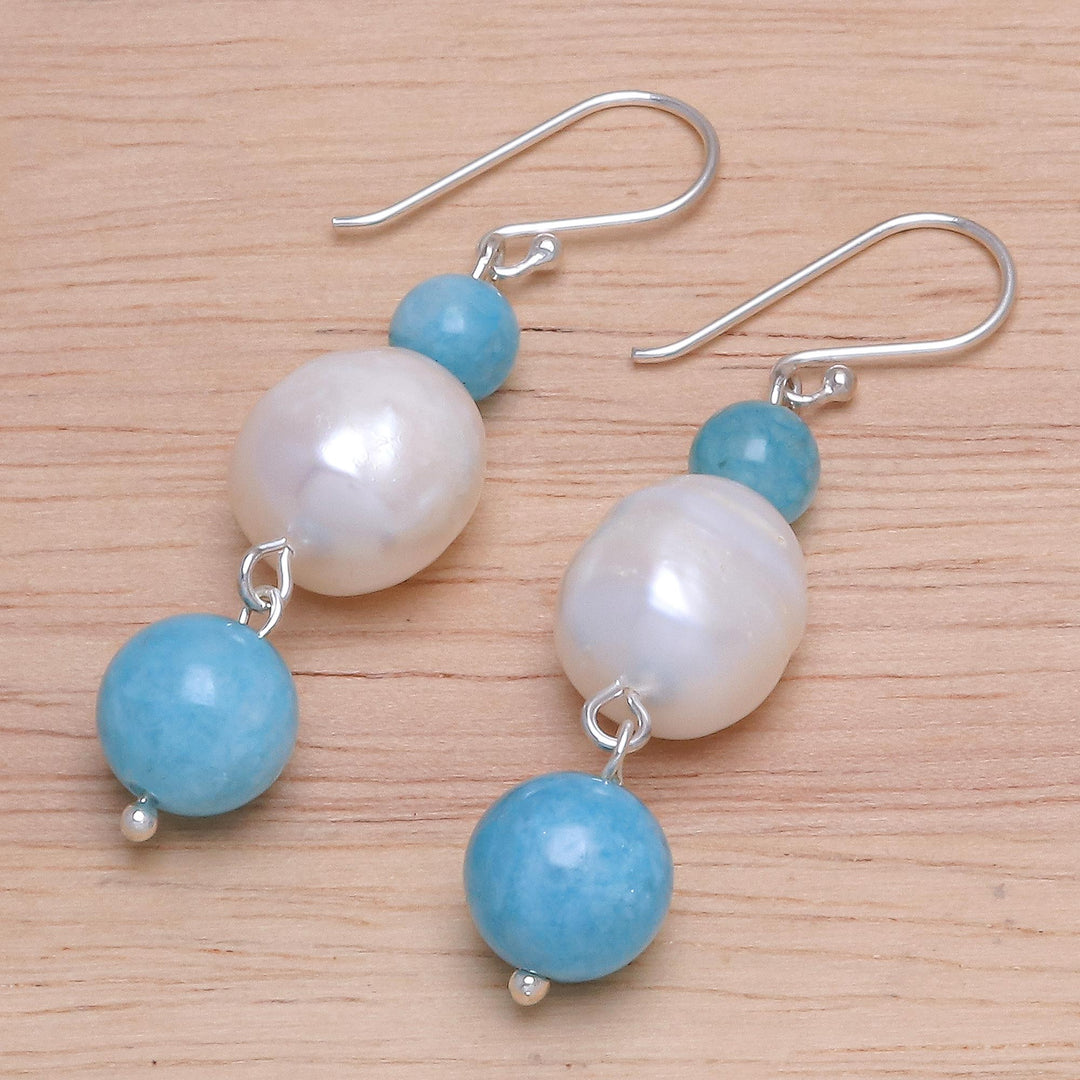 Cultured Freshwater Pearl and Quartz Dangle Earrings - Electric Ocean