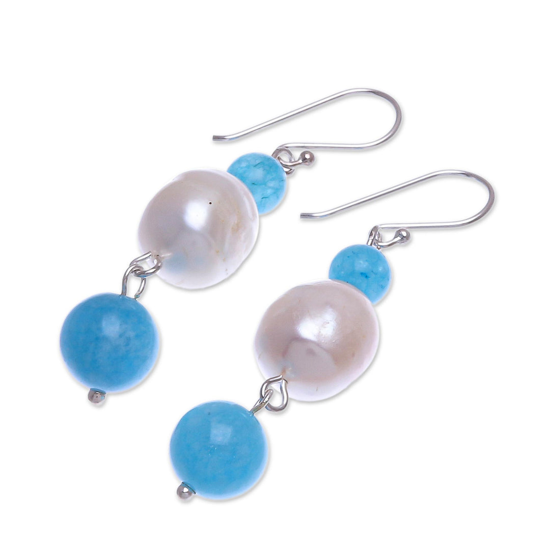 Cultured Freshwater Pearl and Quartz Dangle Earrings - Electric Ocean