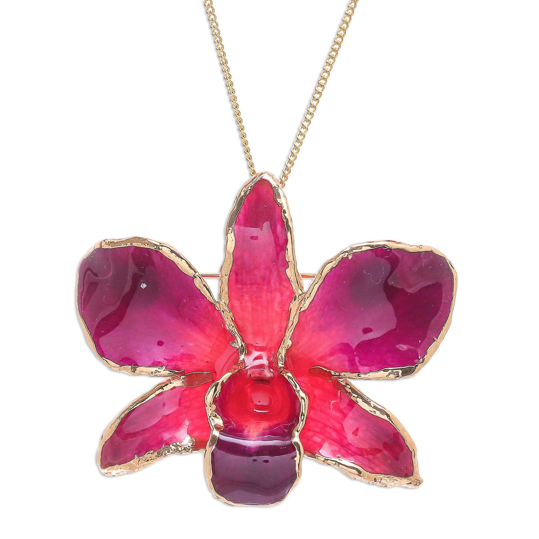 Gold-Plated Orchid Petal Pendant Necklace and Brooch - Orchid Magic in Red