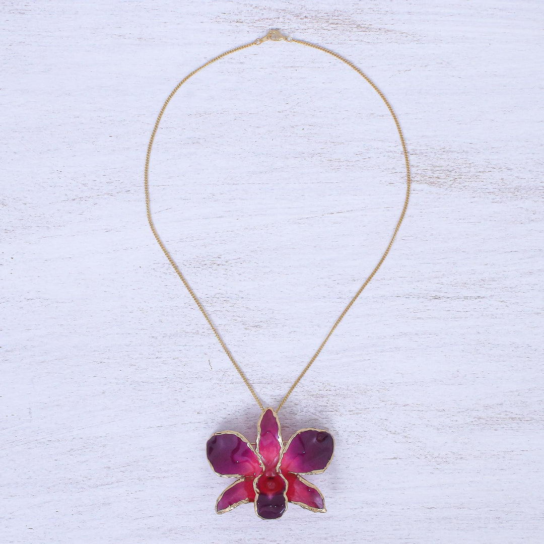 Gold-Plated Orchid Petal Pendant Necklace and Brooch - Orchid Magic in Red