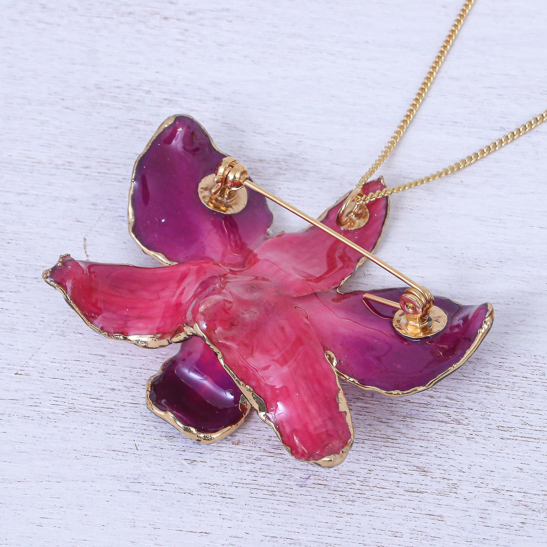Gold-Plated Orchid Petal Pendant Necklace and Brooch - Orchid Magic in Red