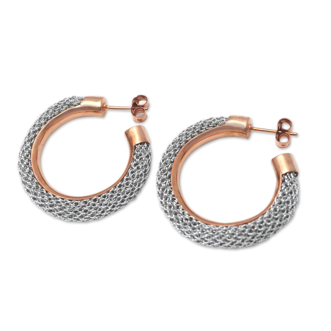 Rose Gold-Plated Brass and Mesh Half-Hoop Earrings - Rosy Rounds
