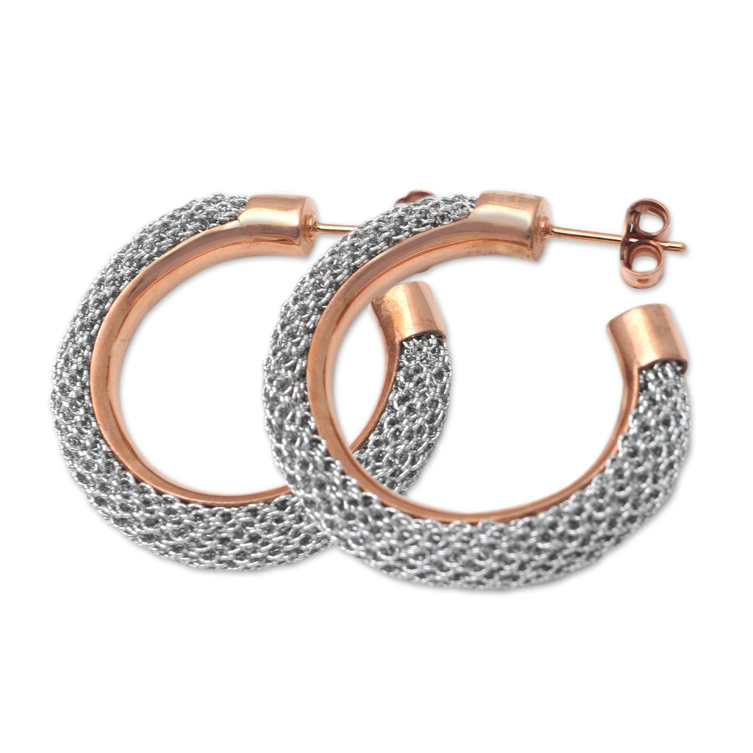 Rose Gold-Plated Brass and Mesh Half-Hoop Earrings - Rosy Rounds