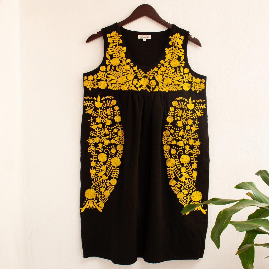 Hand Embroidered Yellow & Black Cotton Oaxaca Style Dress - Golden Midnight Oaxaca Blossom