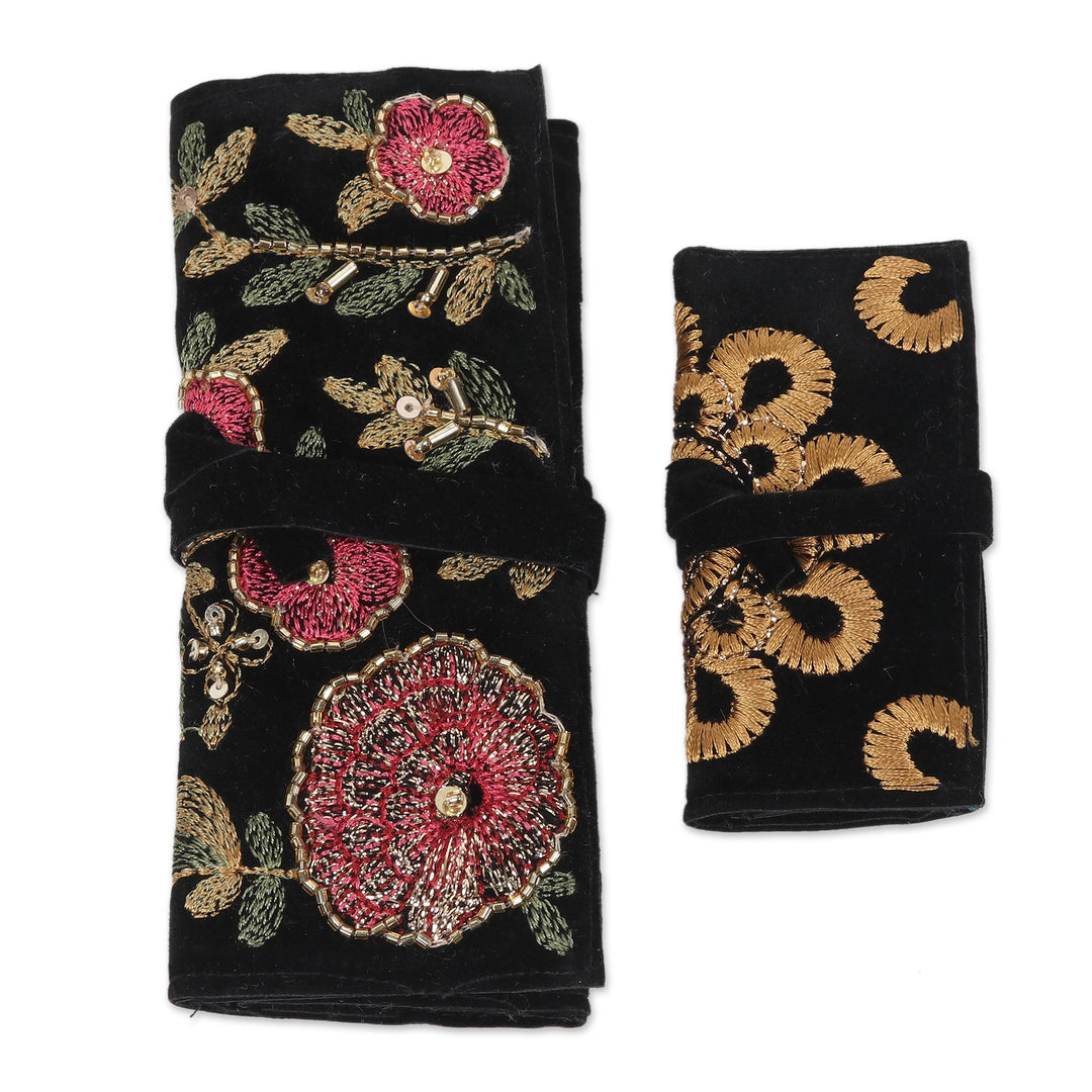 Artisan Crafted Floral Embroidered Jewelry Rolls (Pair) - Flower Path