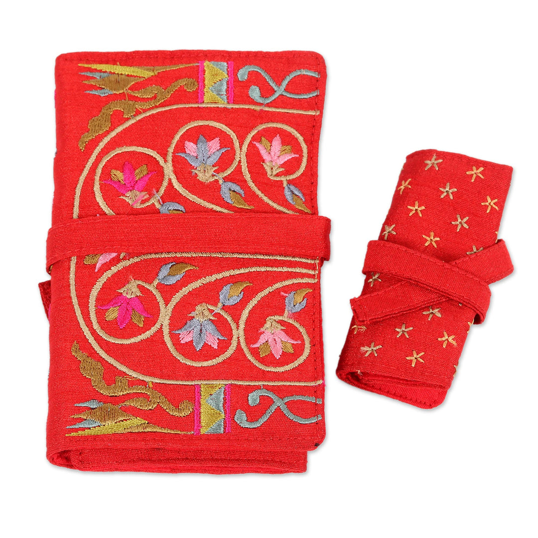 Floral Embroidered Jewelry Rolls from India (Pair) - Fire and Flora