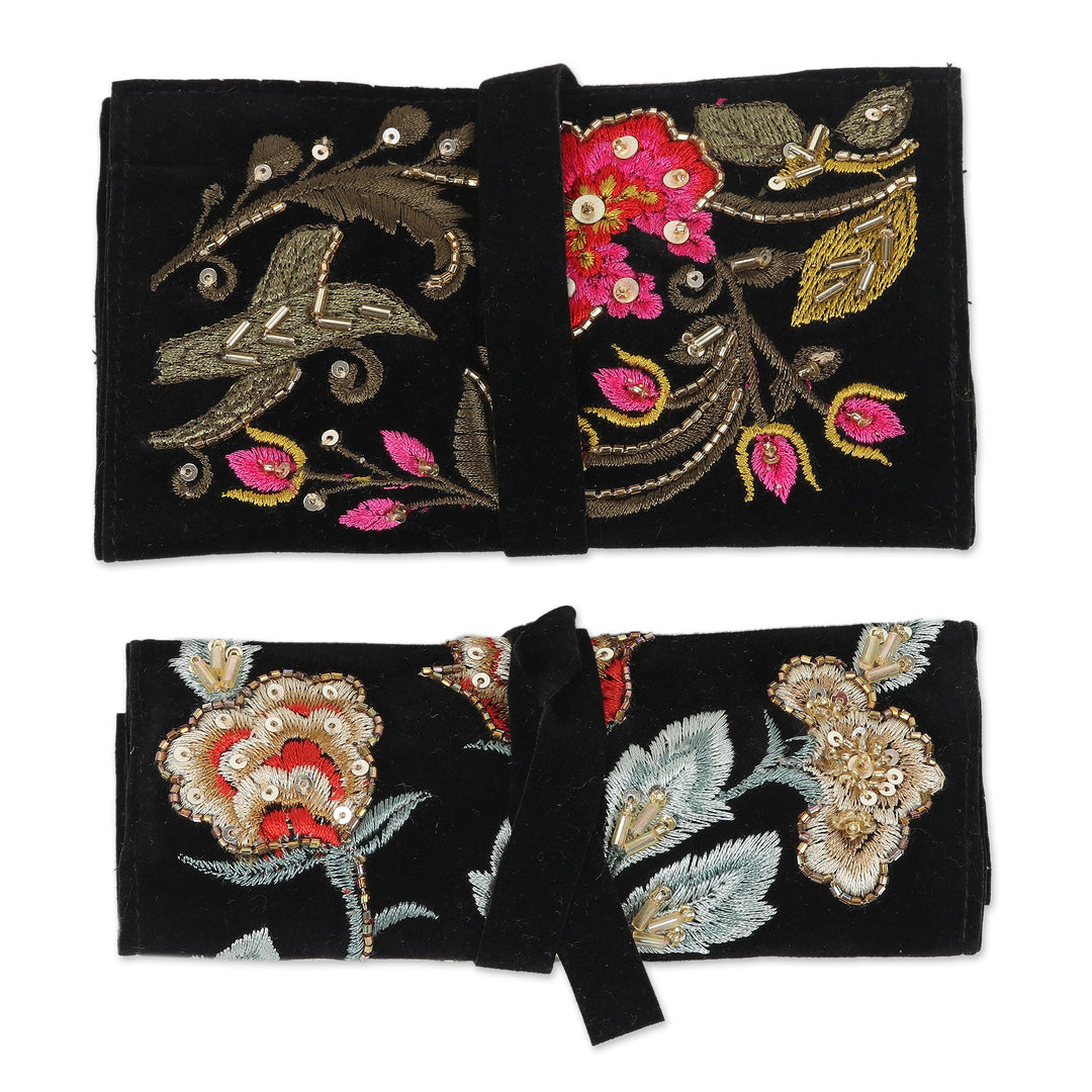 Artisan Made Floral Embroidered Jewelry Rolls (Pair) - Enchanted Garden