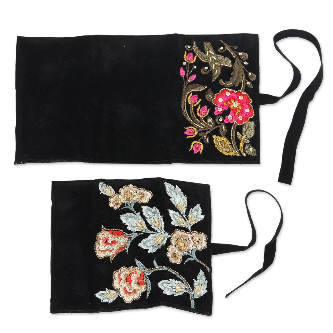 Artisan Made Floral Embroidered Jewelry Rolls (Pair) - Enchanted Garden