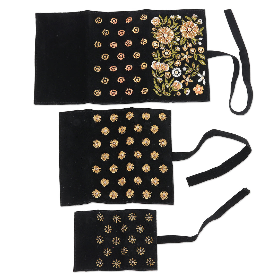 Embroidered Floral Jewelry Rolls from India (Set of 3) - Floral Saga