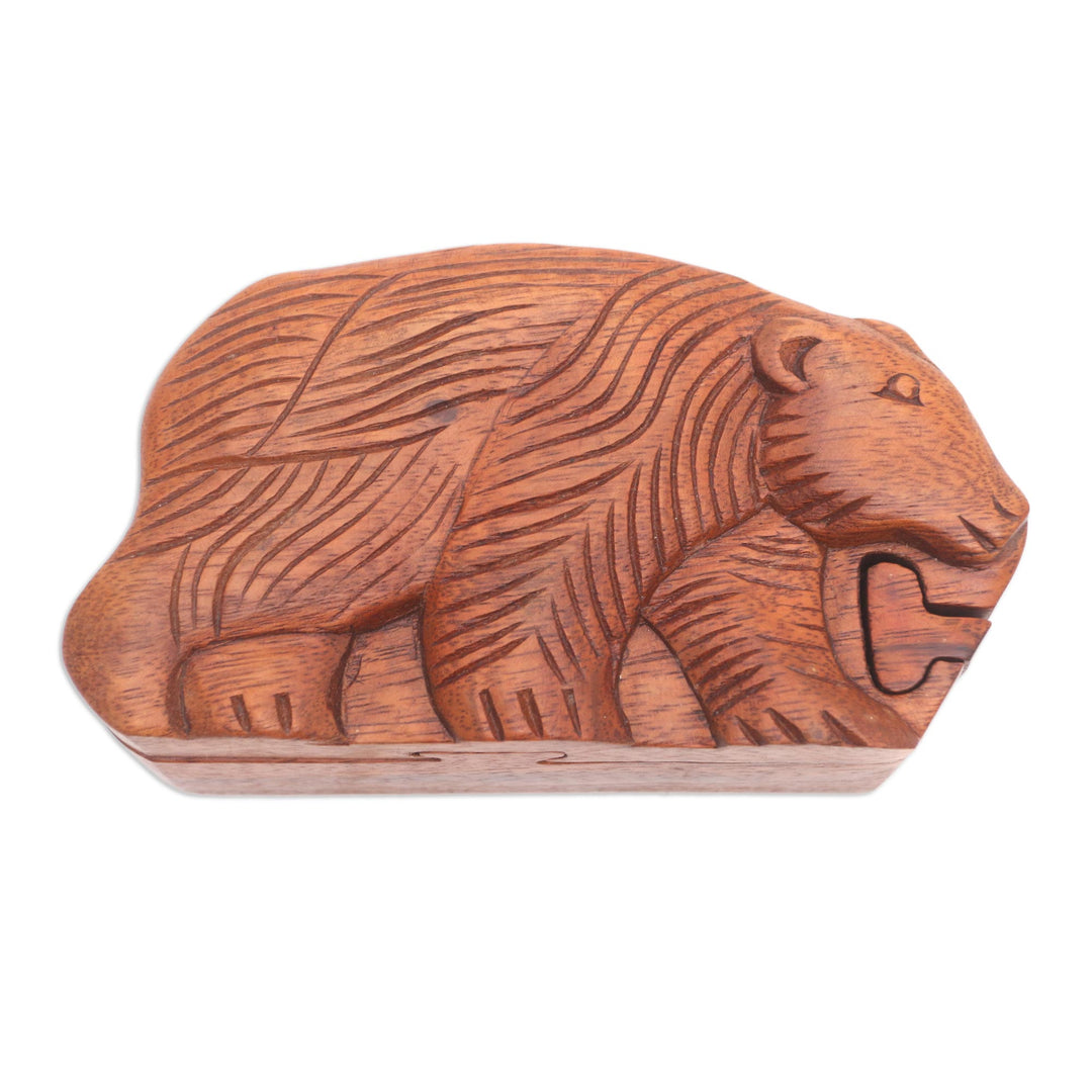 Hand Carved Suar Wood Bear Puzzle Box - Hungry Bear