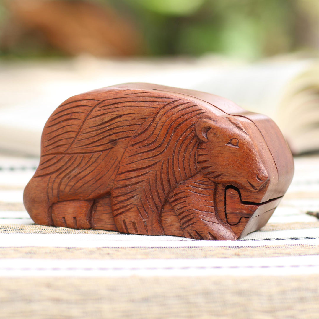 Hand Carved Suar Wood Bear Puzzle Box - Hungry Bear