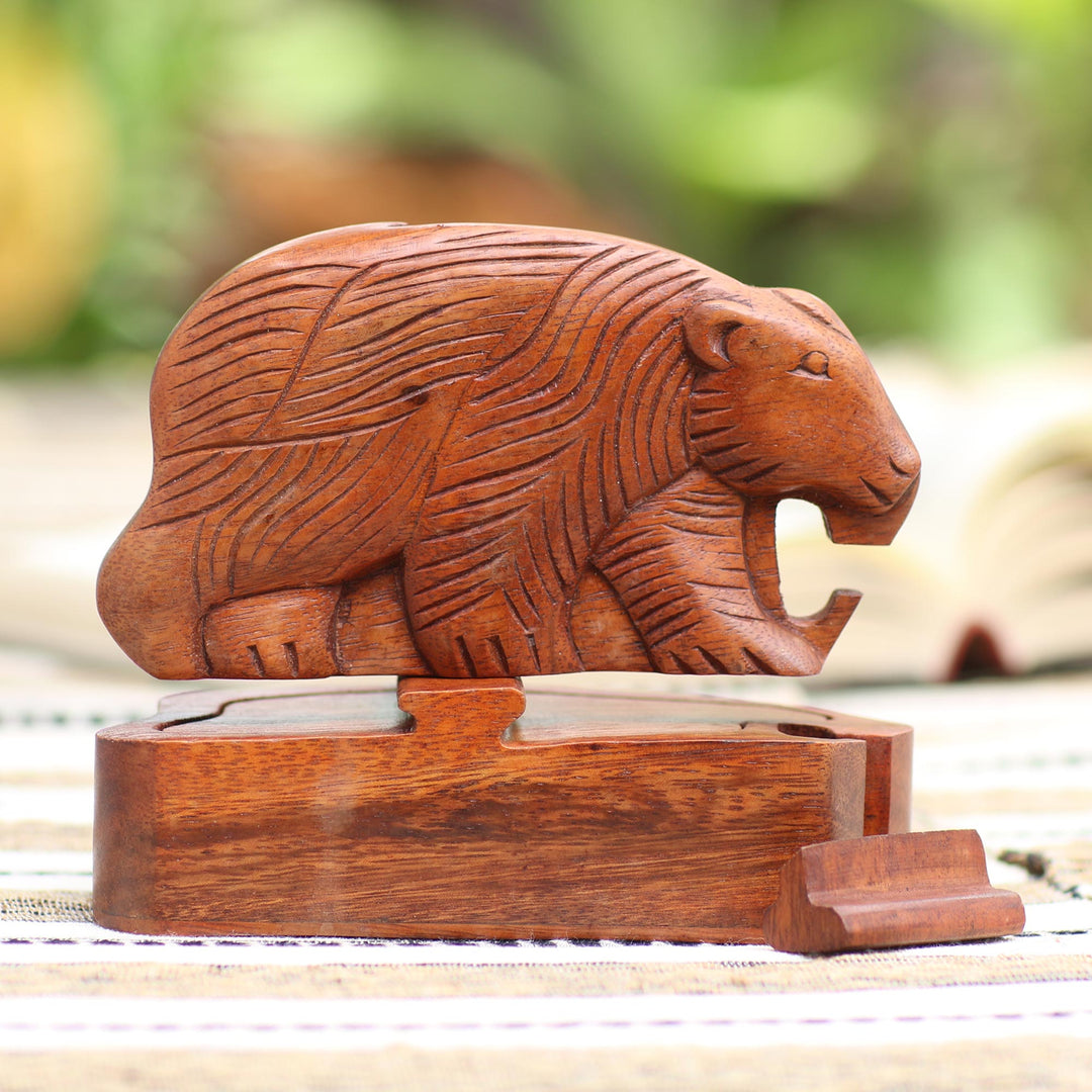 Hand Carved Suar Wood Bear Puzzle Box - Hungry Bear
