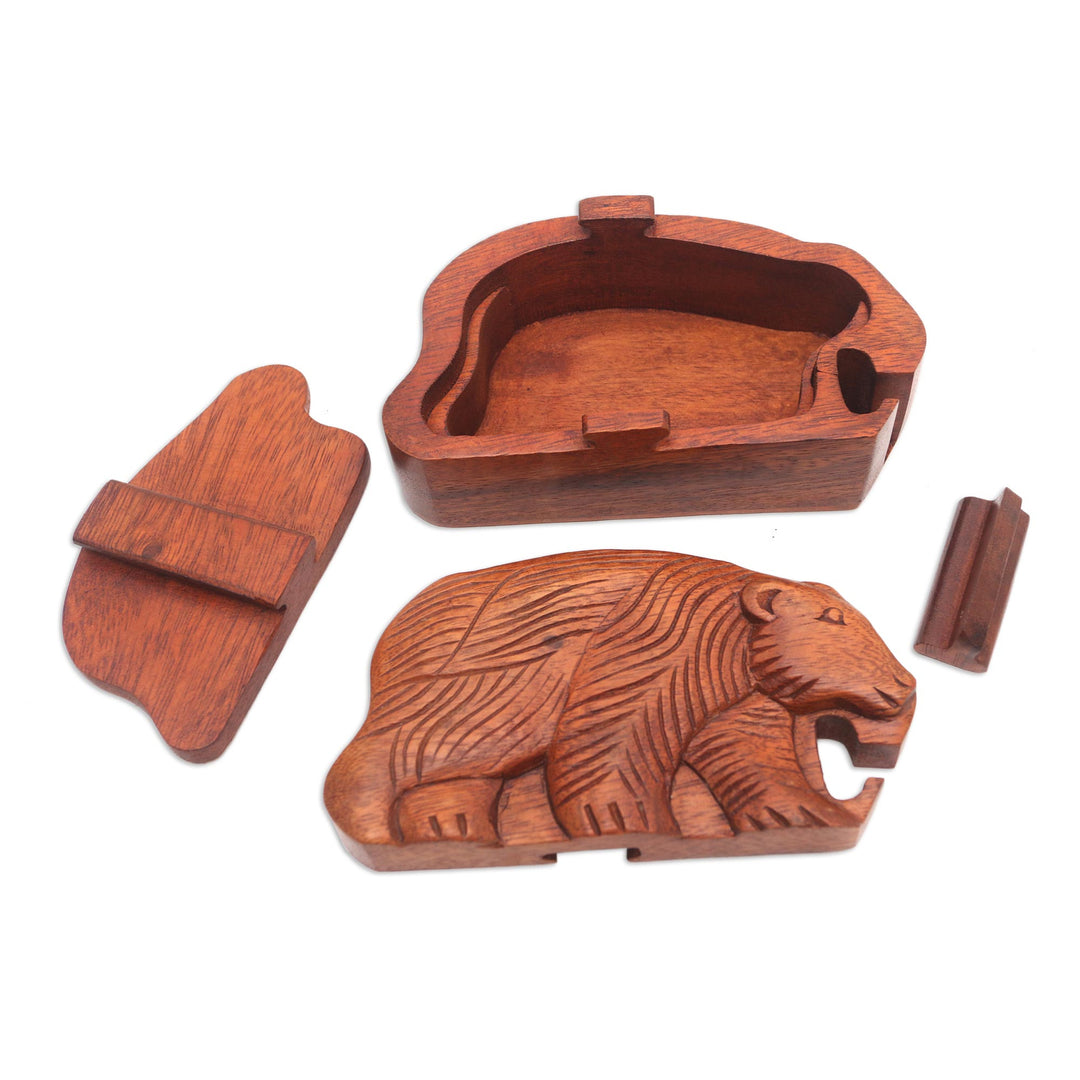 Hand Carved Suar Wood Bear Puzzle Box - Hungry Bear