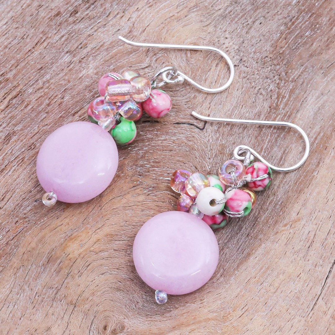 Handmade Quartz and Agate Dangle Earrings from Thailand - Fun Circles in Pink