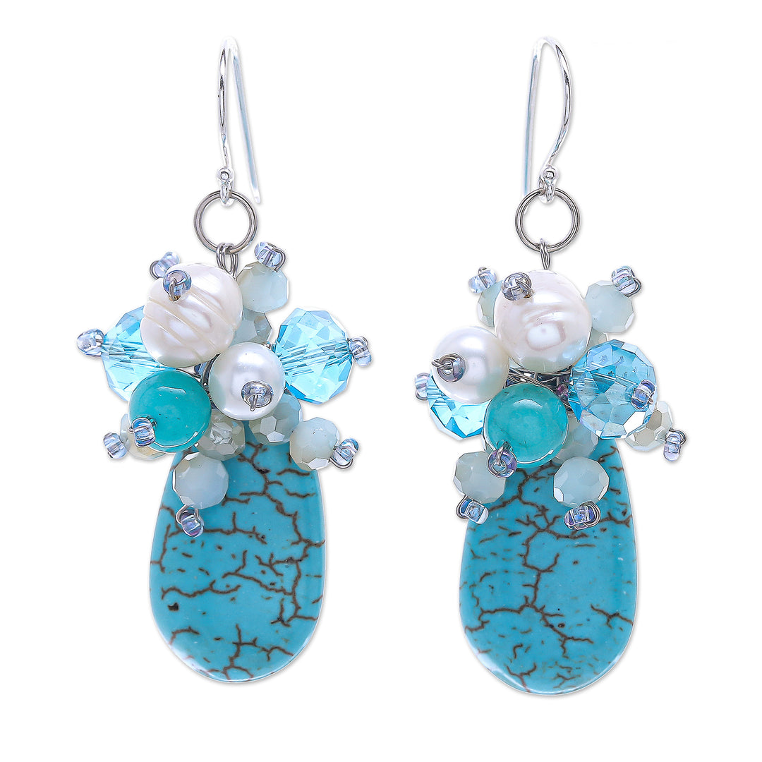 Howlite and Cultured Freshwater Pearl Dangle Earrings - Space Candy in Blue
