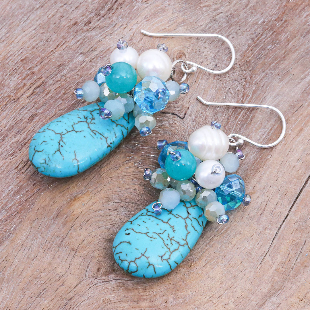 Howlite and Cultured Freshwater Pearl Dangle Earrings - Space Candy in Blue