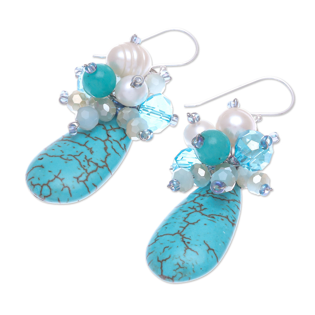 Howlite and Cultured Freshwater Pearl Dangle Earrings - Space Candy in Blue