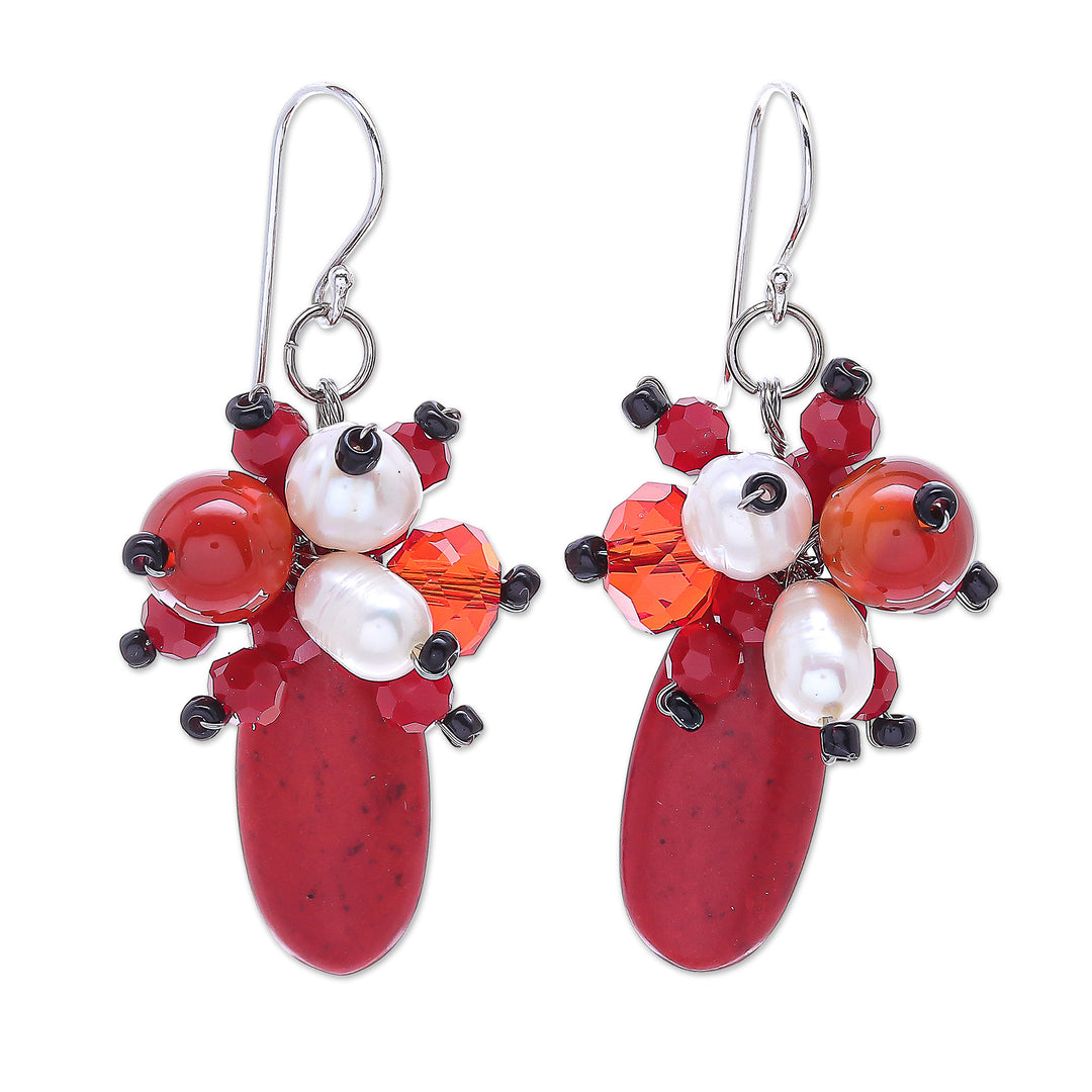 Carnelian and Cultured Freshwater Pearl Dangle Earrings - Space Candy in Red