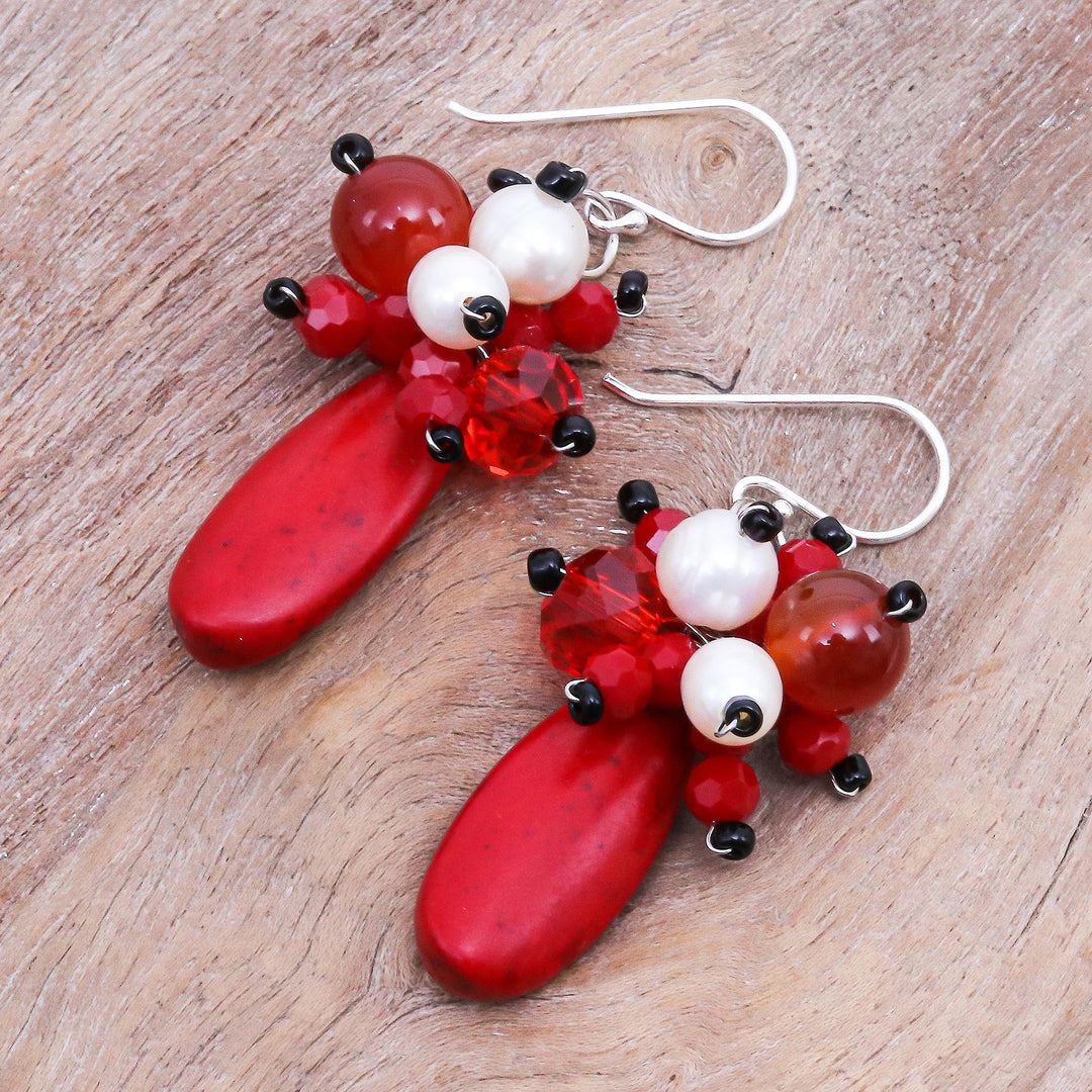Carnelian and Cultured Freshwater Pearl Dangle Earrings - Space Candy in Red