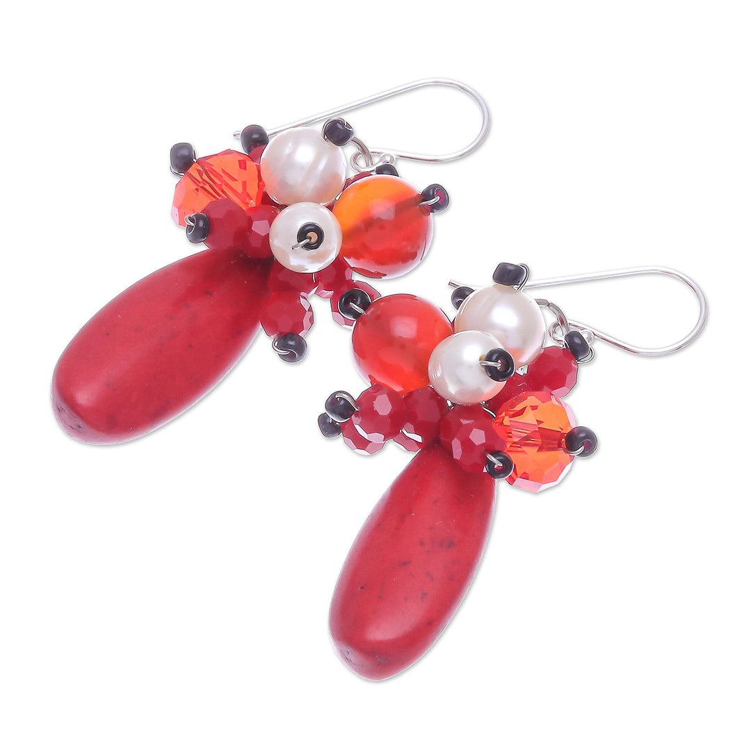 Carnelian and Cultured Freshwater Pearl Dangle Earrings - Space Candy in Red
