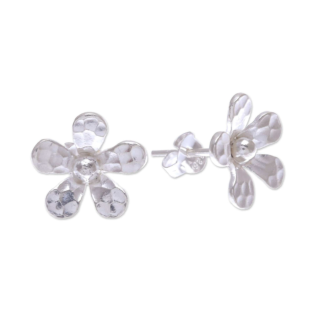 Hammered Sterling Silver Floral Button Earrings - Hammered Flowers