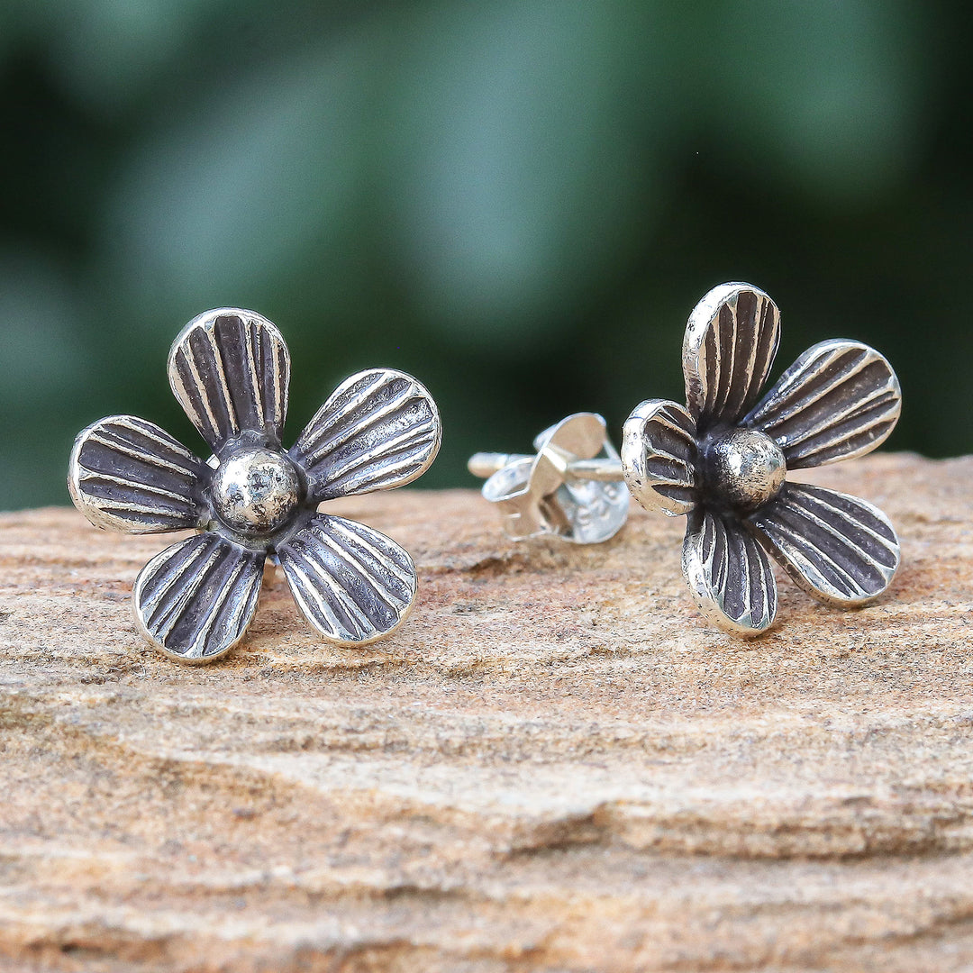 Hand Crafted Sterling Silver Floral Button Earrings - Striped Flowers