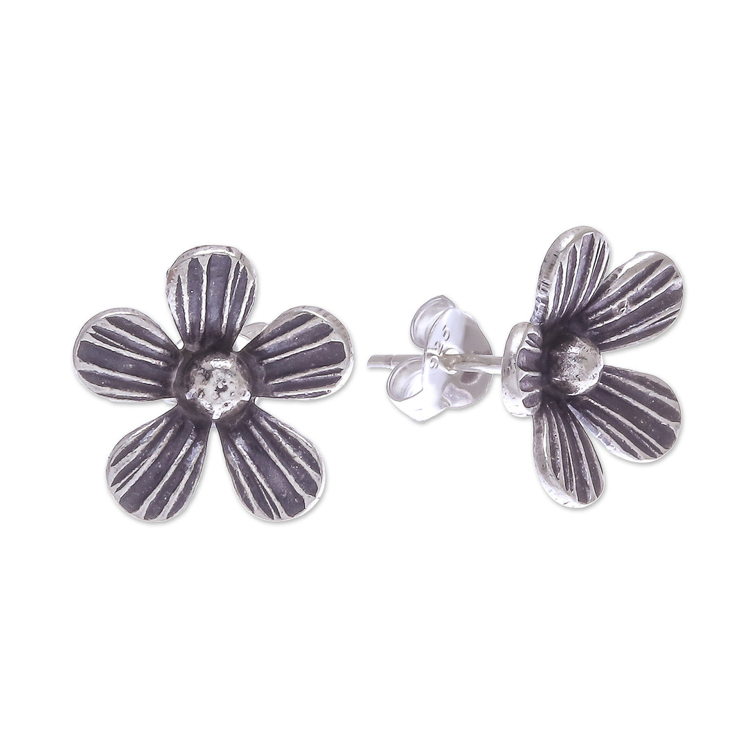 Hand Crafted Sterling Silver Floral Button Earrings - Striped Flowers